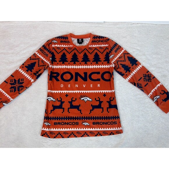 DENVER BRONCOS Sweater Adult Small Orange Blue Ugly Christmas NFL Sweatshirt - Picture 1 of 5